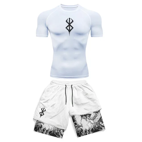 Imagen 2 del producto Conjunto de compresión con estampado 3D de Anime para hombre, Top de gimnasio de manga corta + pantalones cortos de entrenamiento, conjunto de protección contra sarpullidos transpirable de secado rápido