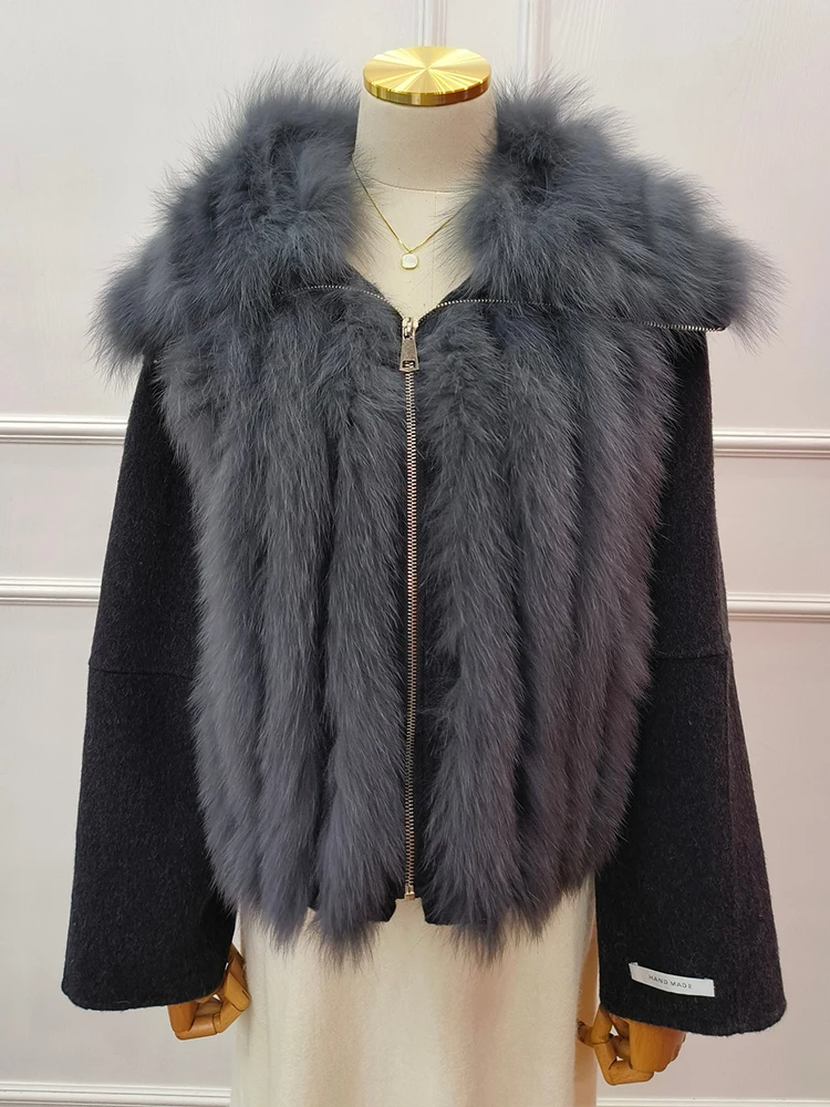 

2024 Autumn Winter Women Real Fur Coat Jacket Natural Fox Fur Collar Short Cashmere Wool Woolen Ladies Outerwear Female Coat