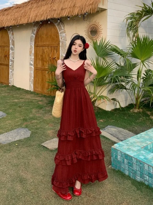 

plus Size Women's Vintage Ruffle Trim Halter Dress Summer New Waist Cinching Holiday Style A-Line Skirt Korean Version Slim Fit