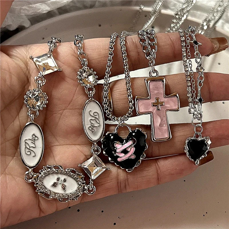 Kpop Gothic Punk Pink Cross Heart Bowknot Pendant Chain Necklace Women Charm Vintage Aesthetic Y2k EMO 2000s Jewelry Accessories