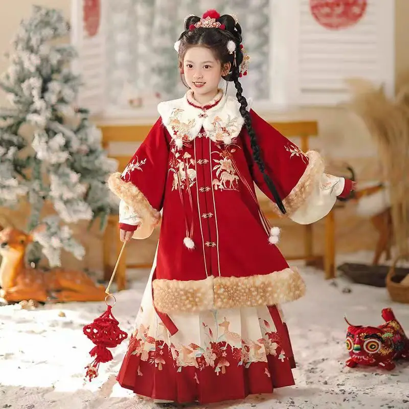 

2026 зимняя одежда для девочек Hanfu, китайский новогодний комплект с вышивкой Hanfu Cloud Shoulders, древний красный костюм Тан для девочек LI808