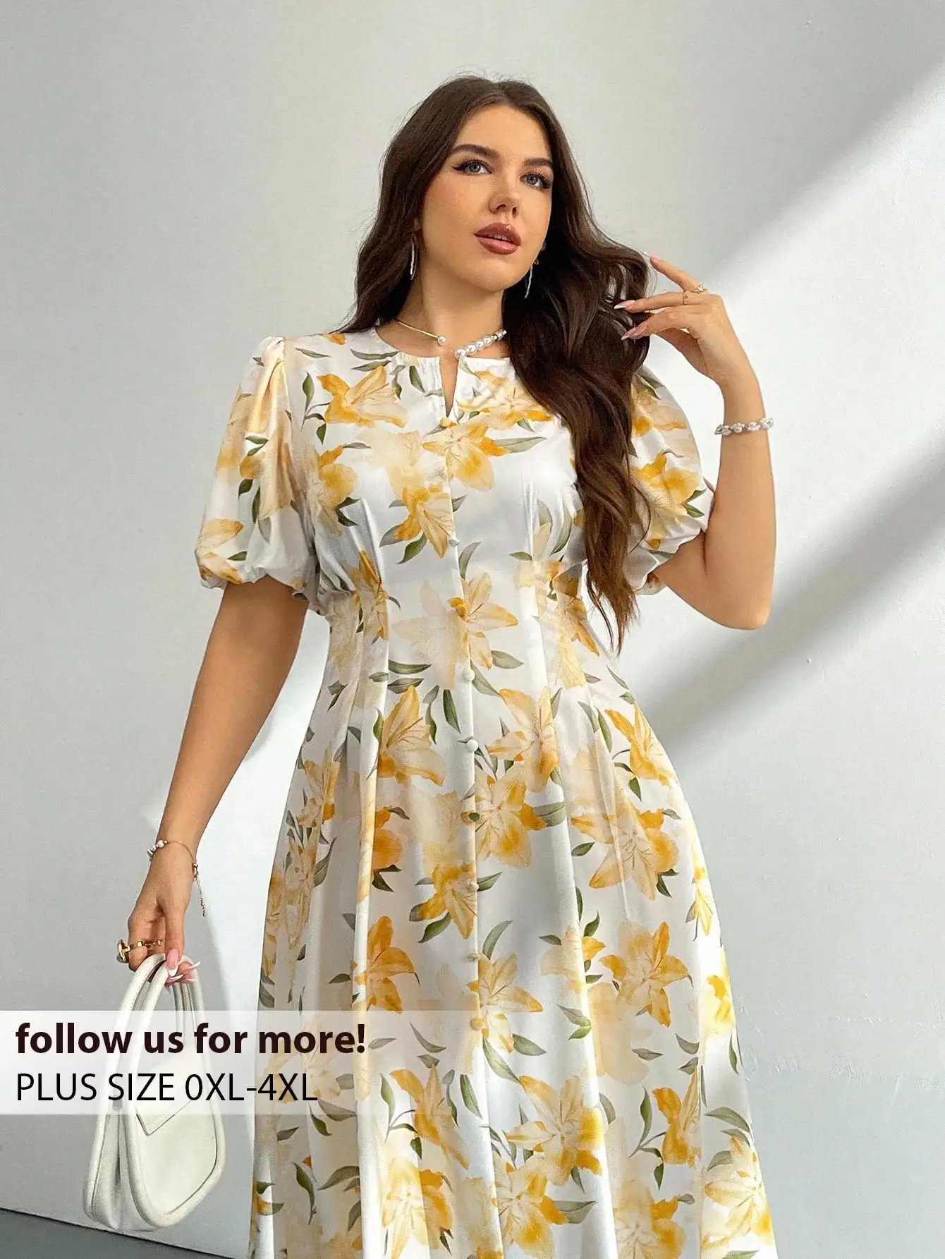 

Plus Size Women Floral Print Puff Sleeve A-Line Midi Dress Yellow Summer