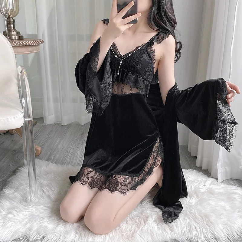 Schwarze Spitze Robe Anzug Frauen 2PC Velours Bademantel Kleid Nachthemd Set Nachthemd Dessous Herbst Samt Kimono Nachtwäsche Loungewear