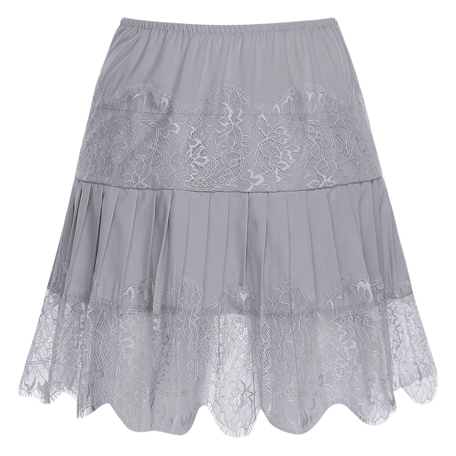 

Womens Pleated Hem Casual Wear Lolita Dress Eyelash Lace Layer Elastic Skirt Half Slip Petticoat Underskirt High Waist Skirt