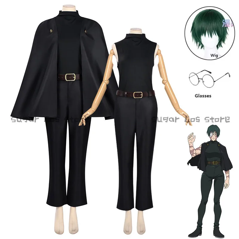 

Maki Zenin Anime Cosplay Costume Wig Green Hair Glasses Black Cloak Jumpsuit Belt For Women Men Halloween Christmas Party Props