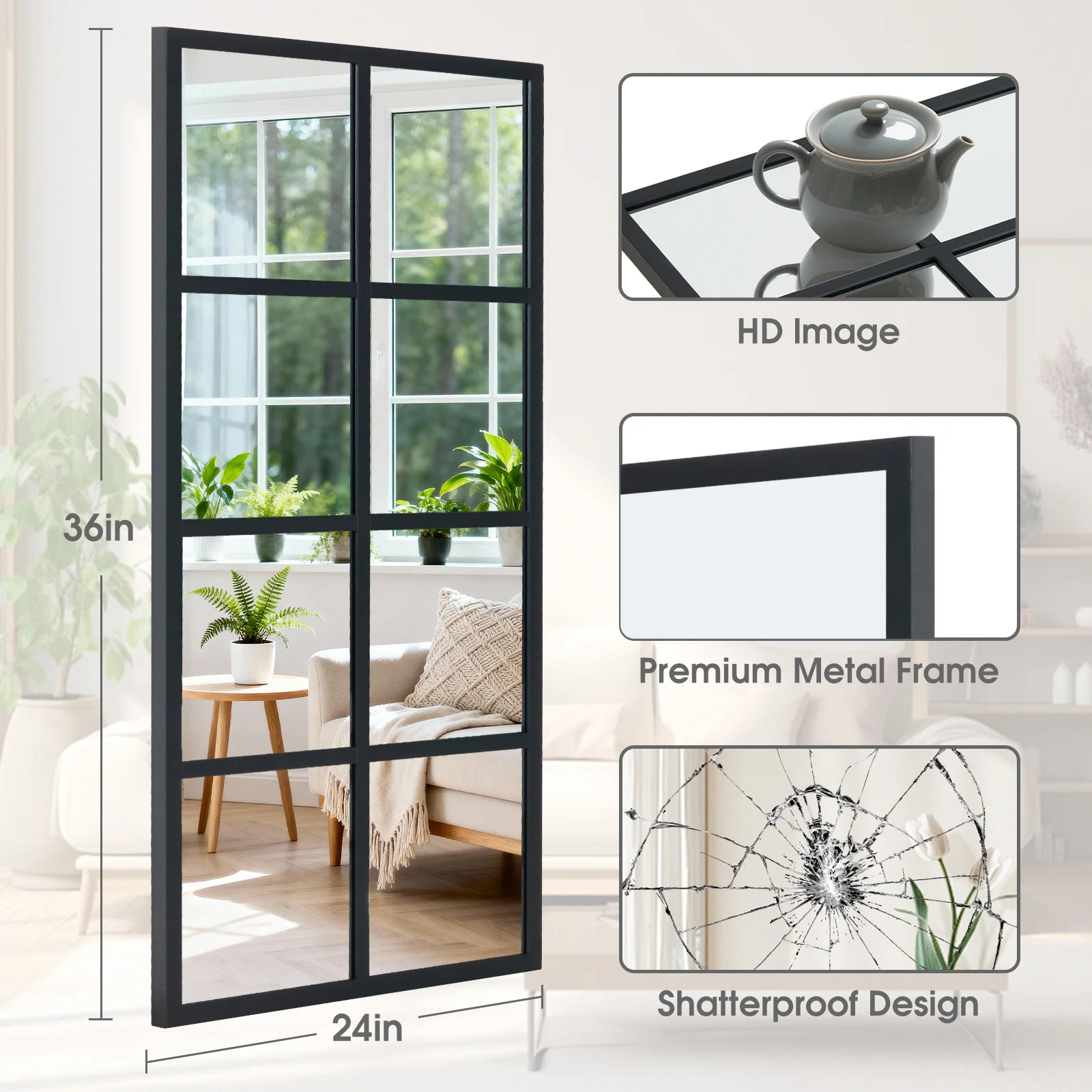 JHK Window Pane Wall Mirror Standing Hanging Full Body Wall Mirror Black Framed Mirrors for Wall Decor Living Room Metal Framed Big Square Mirror for Bathroom image 6