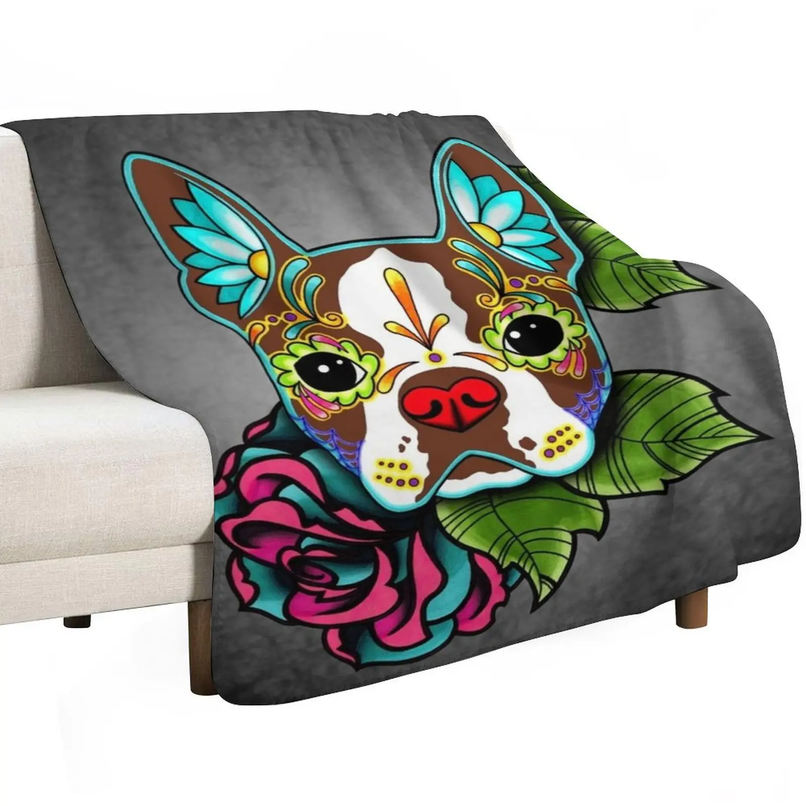 Boston Terrier in Red - Day of the Dead Sugar Skull Dog Throw Blanket Custom warm for winter Softest Blankets For Sofas Blankets