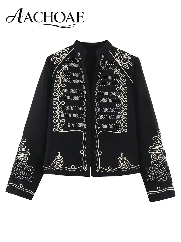 AACHOAE Women Vintage Embroidered Jacket Elegant Military Style Shoulder Pads Stand Collar Long Sleeve Cropped Coat Outerwear