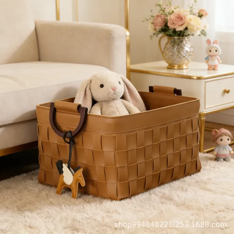 Luxury Woven Leather Storage Basket for Living Room Bedroom Cloakroom Home Organizer Box for Sundries Clothes Toys Decorative