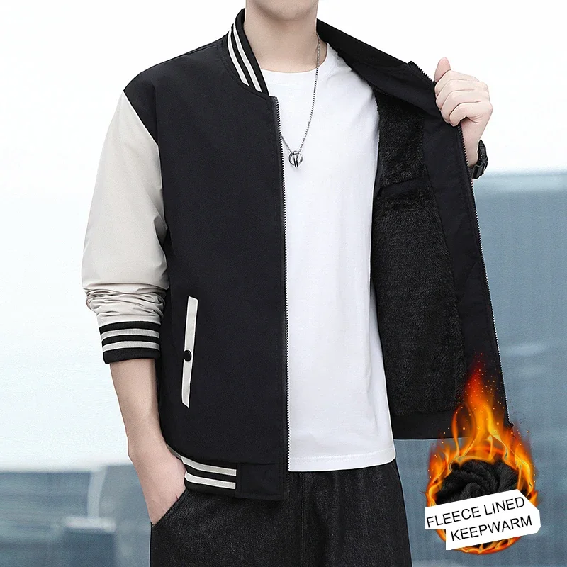 

Autumn Winter Coats Men Jacket Fleece Lined Stand Collar Patchwork Baseball Jacket Men Casual Outwear Clothes Men jackets