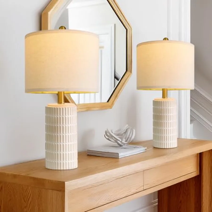 20.75" Small Modern Ceramic Table Lamps Set of 2 for Bedroom, White Bedside Lamps for Night Stands, Farmhouse Desk Home Decor G
