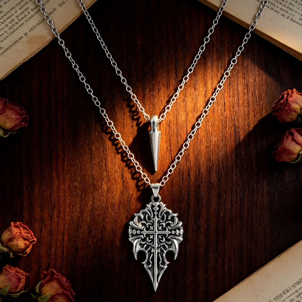 Gothic Vampire Lestat Double Layer Necklace, Antique Silver Cross Spear Pendant, Punk Medieval Dark Style Jewelry