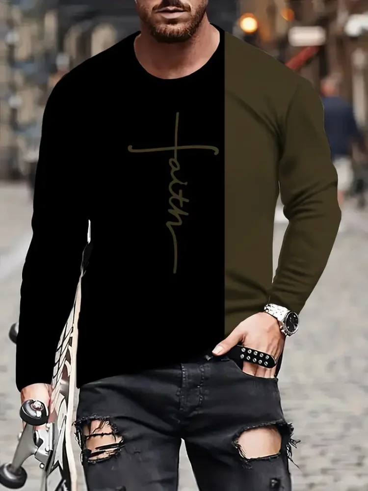 Fashion Trend Men\'s Crew-neck Long Sleeves Cross 3D Printed Men\'s Casual Pullover T-shirt Casual All-match Men\'s Top S-5XL