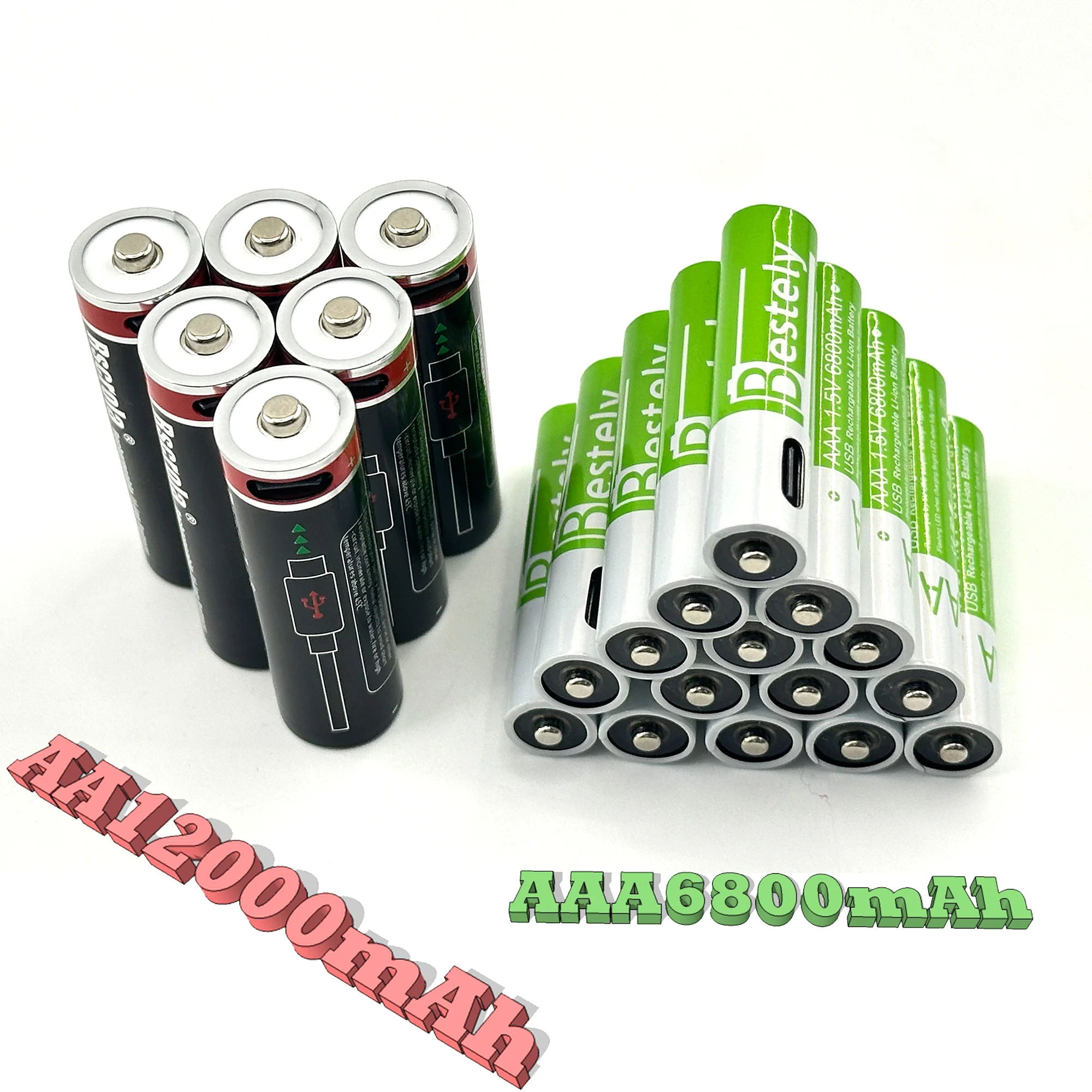 

1-20 Hot Rechargeable Battery Lithium-ion 1.5V AA12000mAh and 1.5V AAA6800mAh Battery with USB-C Cables