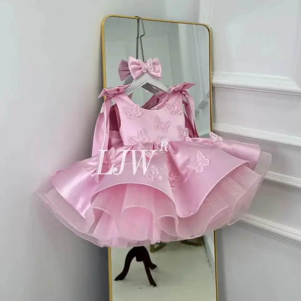 

Toddler baby girl's pink satin butterfly birthday party dress elegant toddler pageant dress Christmas Hostess Wedding Ceremony