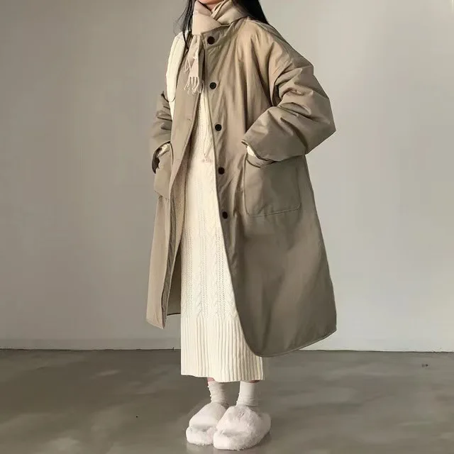 Frauen Lange Parkas 2024 Neue Winter Baumwolle gefütterte Frauen Lose Baumwolle Mantel Koreanische Warme Dicke Outwear Dame Grundlegende Mantel