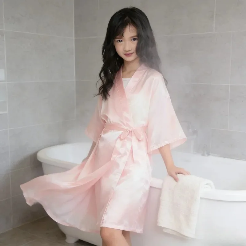 

Unisex Childrens Silk Sleeprobe with Tie Belt Pure Color Show Robe for Fashion Walk