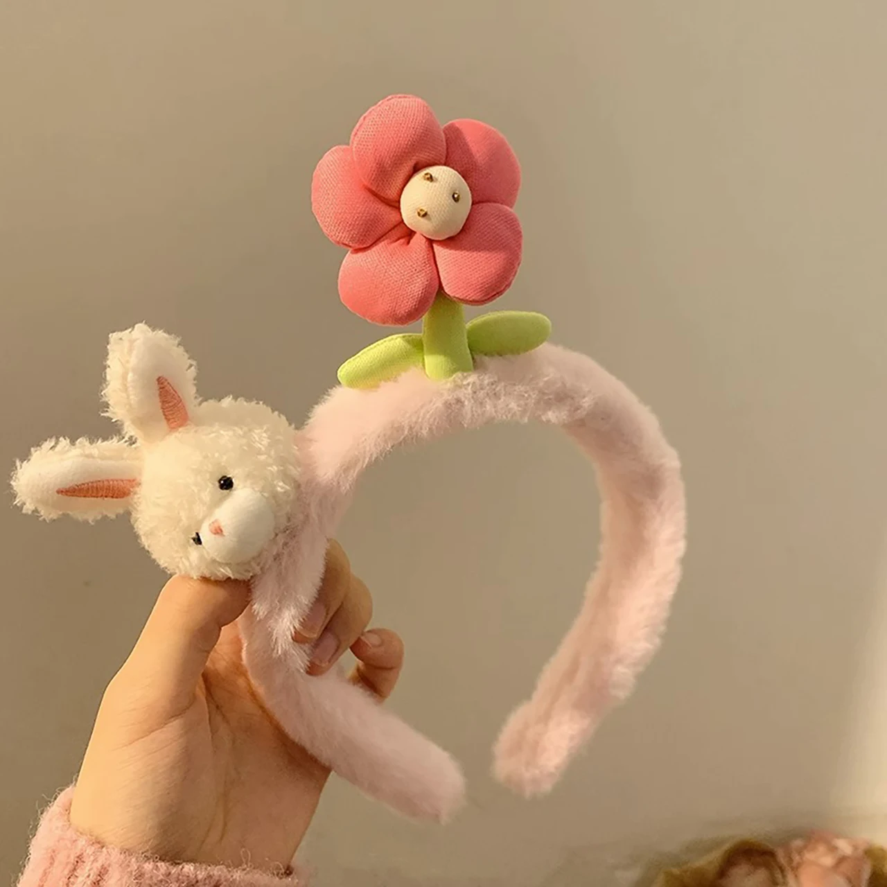 

Cute Rabbit Plush Hair Hoop Pink Flower Hair Clip Sweet Girl Face Wash Headband For Women Autumn Winter Cartoon Hair Accessorie