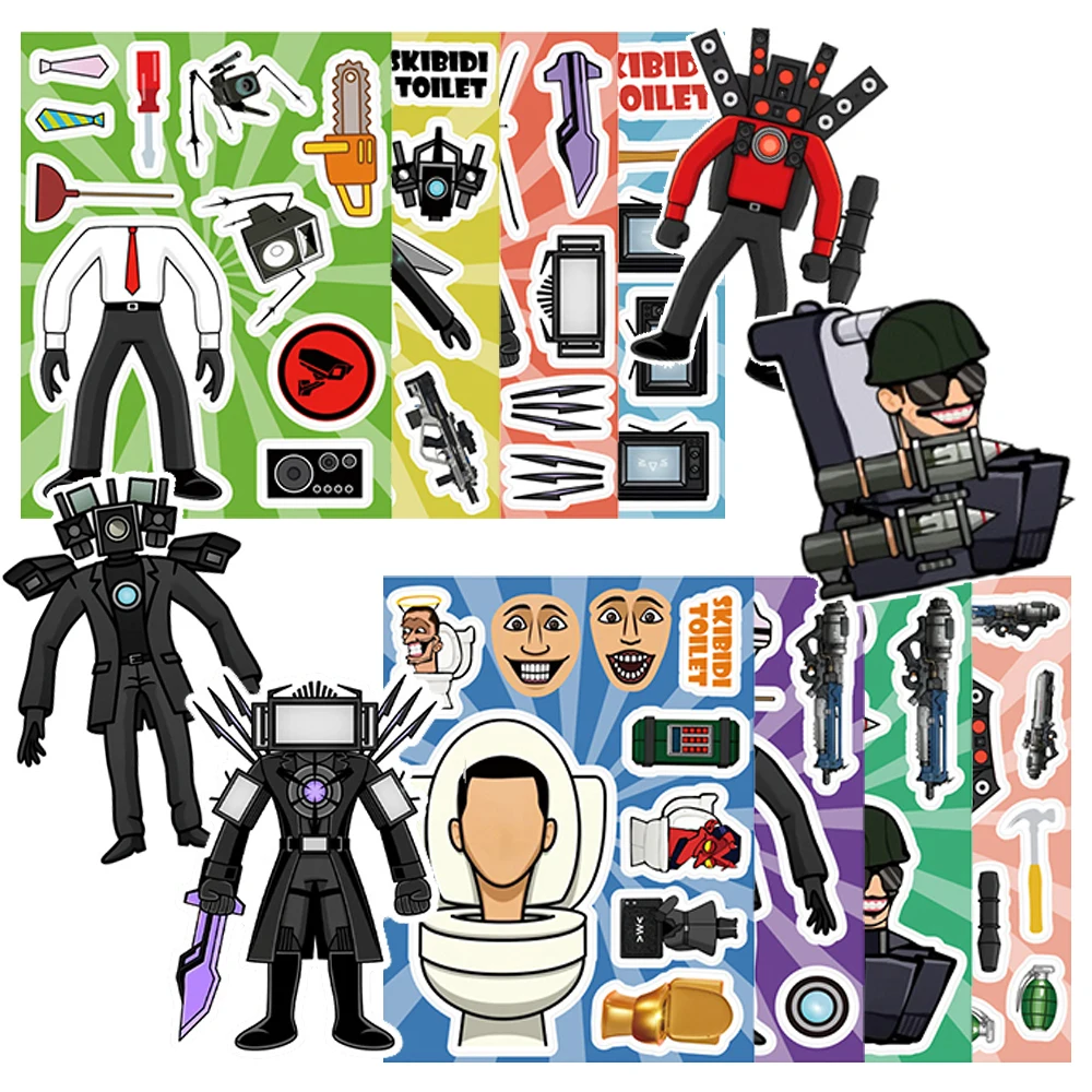 

8/16sheets Funny Game Skibidi Toilet Puzzle Stickers Make a Face Assemble Jigsaw Decal Cartoon Decoration Sticker Party Toy Gift
