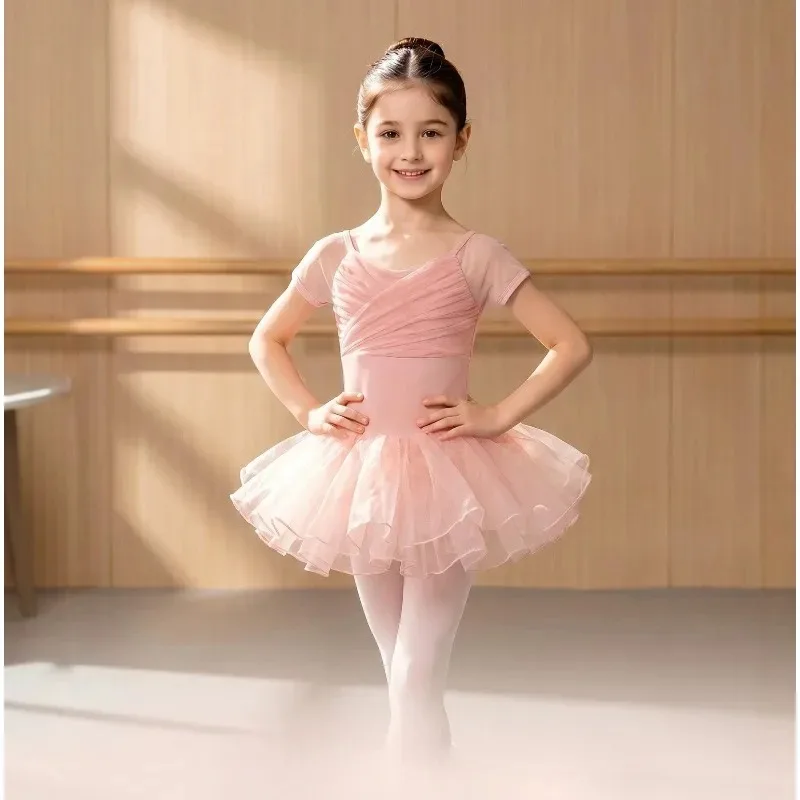 Girls Ballet Leotard Short Sleeve Bodysuit Mesh Spliced Gymnastics Dancewear Kids Training Practice In Stock Stage Dance Costume