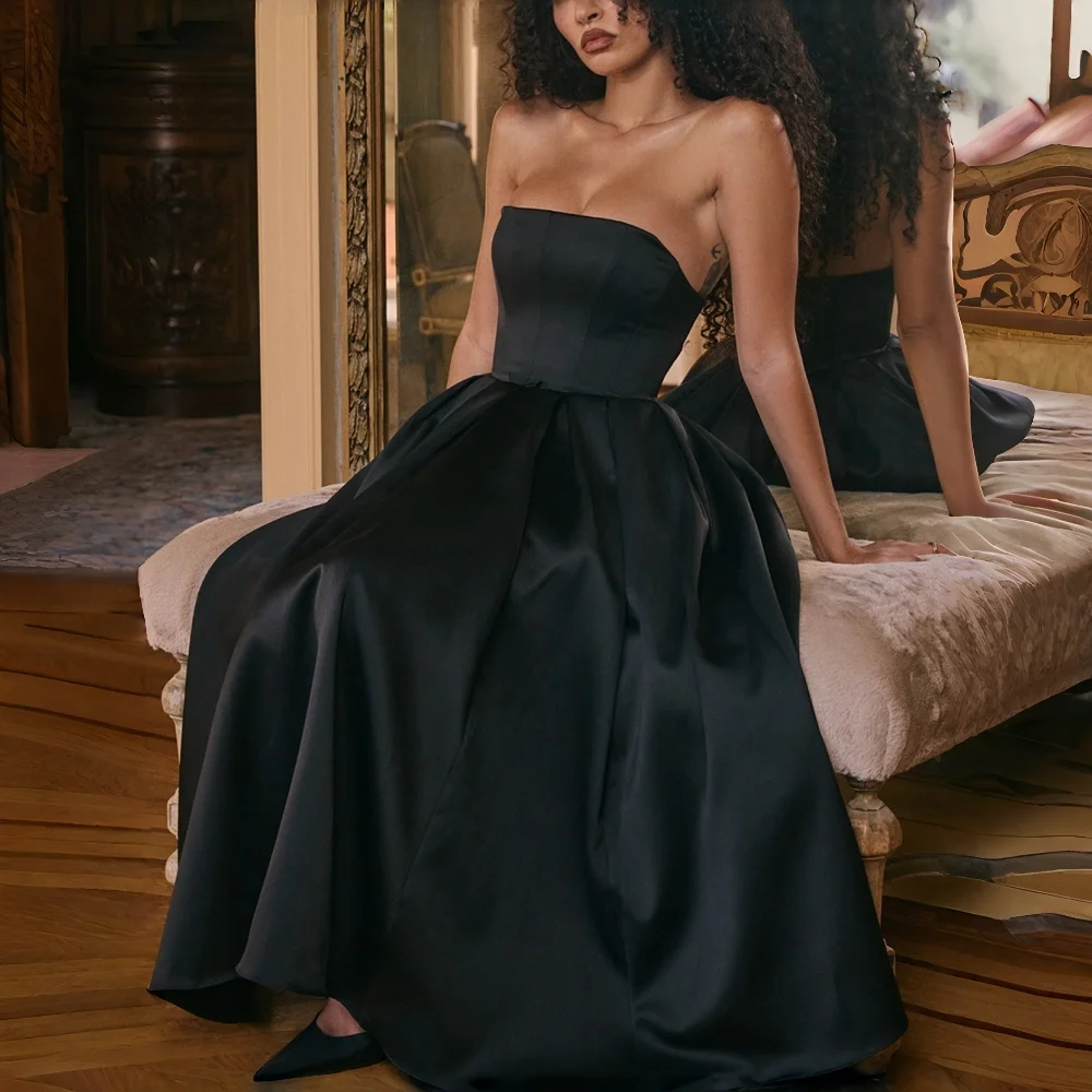 Vintage Satin Midi Dress Strapless Bow Detail Voluminous Pleated Skirt Formal Evening Cocktail Party Bridesmaid Prom Gown