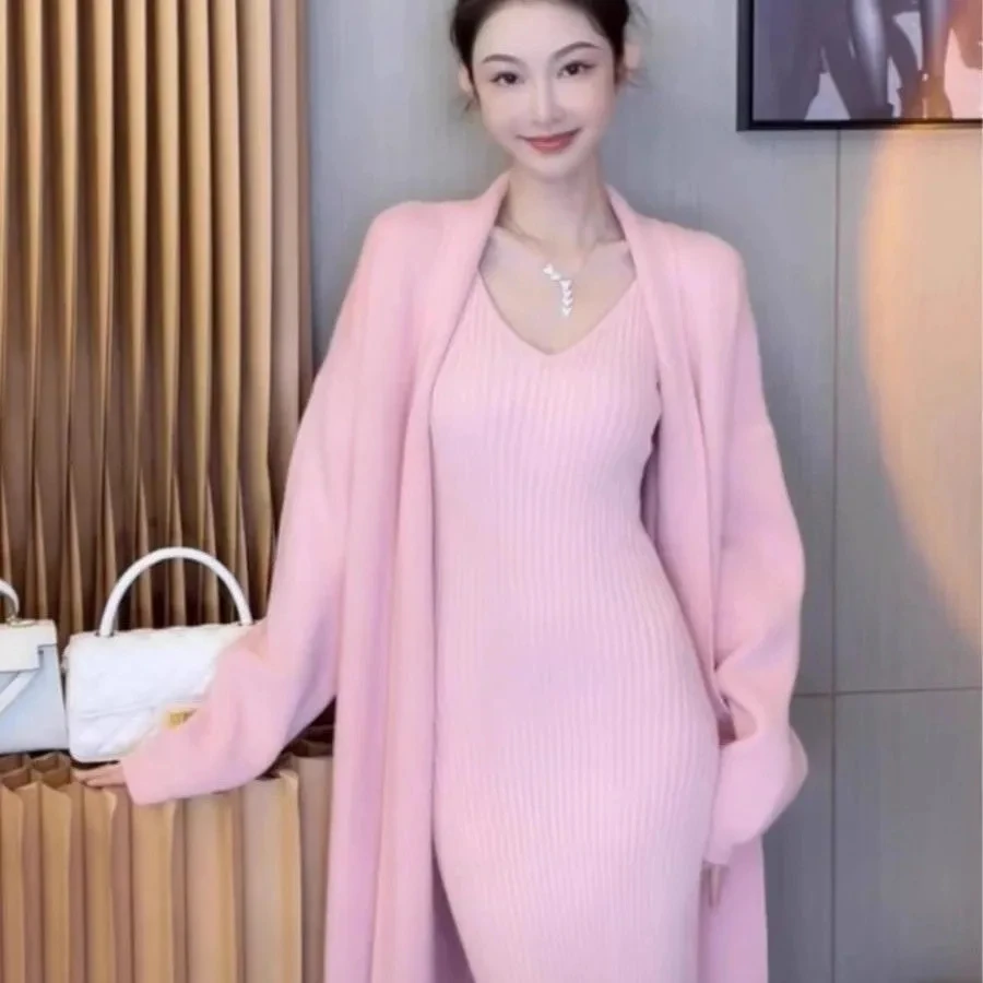 

Women Long Cardigan Sweater Sets Spring Autumn V-Neck Suspenders Knitted Dress Outfit Female Sexy Elegant Slim Sling Dress 2PCS