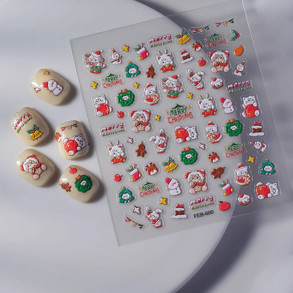 

Christmas Nail Sticker Cute Cat Snowman 5d Self-Adhesive Slider Nail Art Decorations Holiday Gift FEB-600