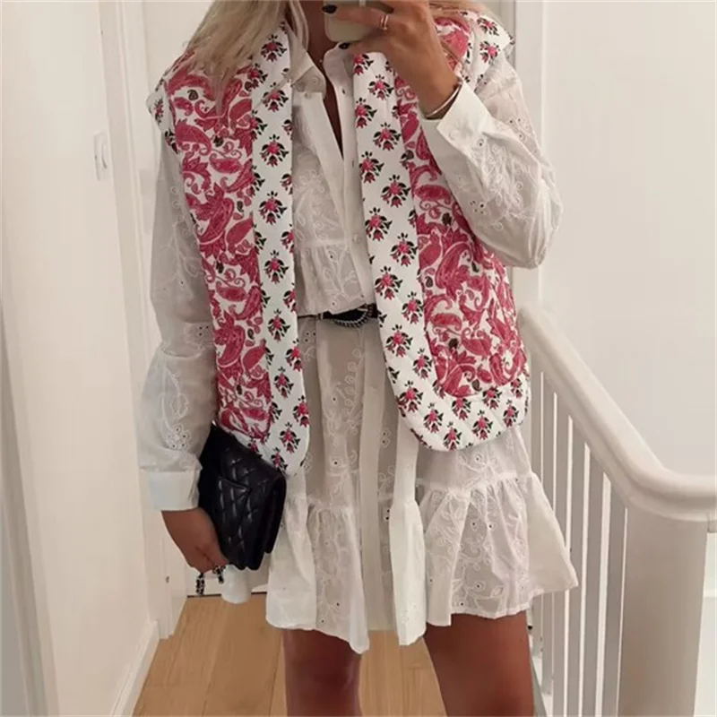 

hirigin Vintage Women Fall Quilted Waistcoat Floral Print Sleeveless Open Front Jacket Winter Warm Vest Tank Tops Streetwear New