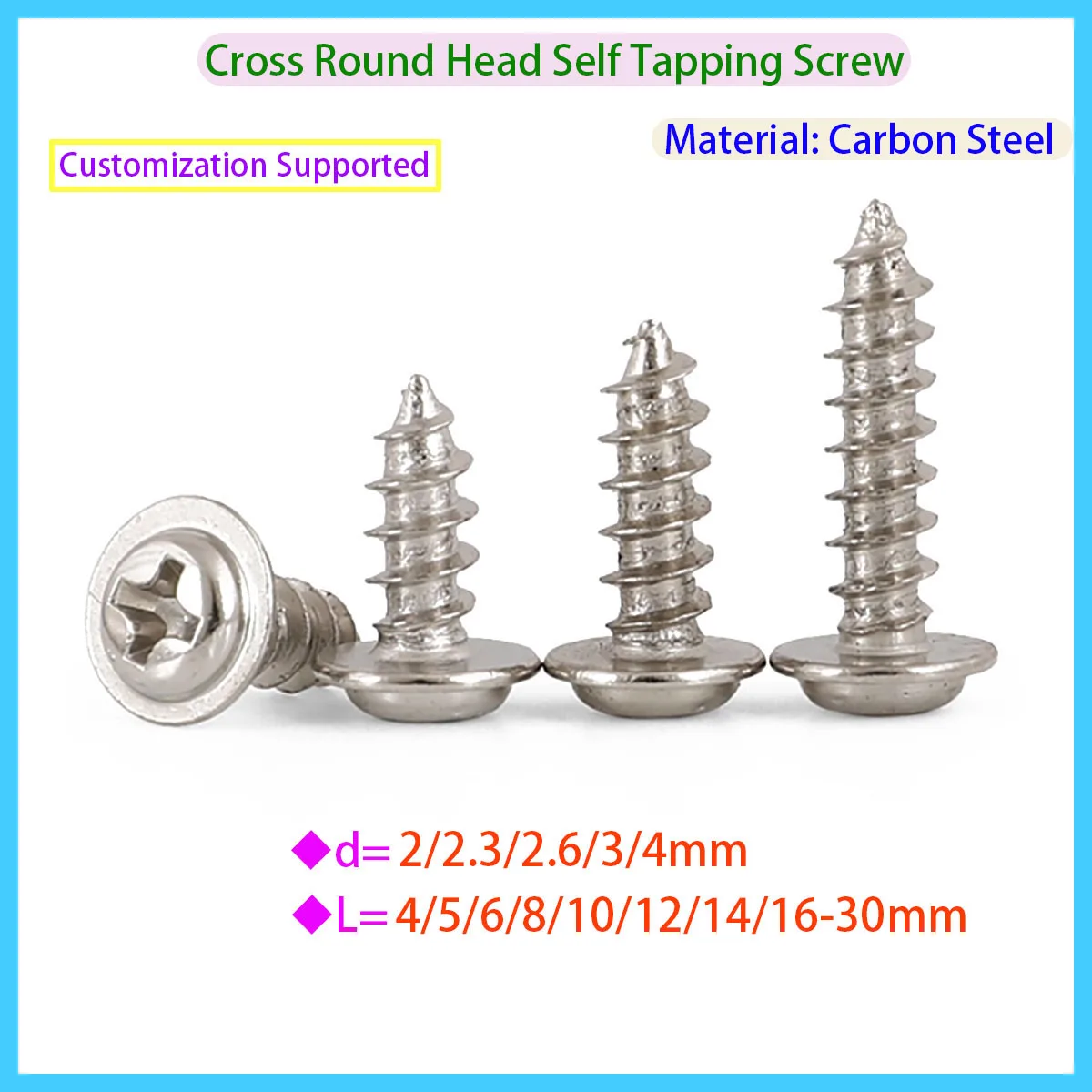 Cross Pan Head Self Tapping Screw, Suitable for Sheet Metal, with Washer M2-M4 Nickel Plated Cross Wood Screw