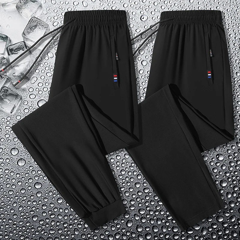 Pantalones deportivos elásticos para hombre, calzas finas transpirables de talla grande para correr al aire libre, cintura elástica, seda de hielo,