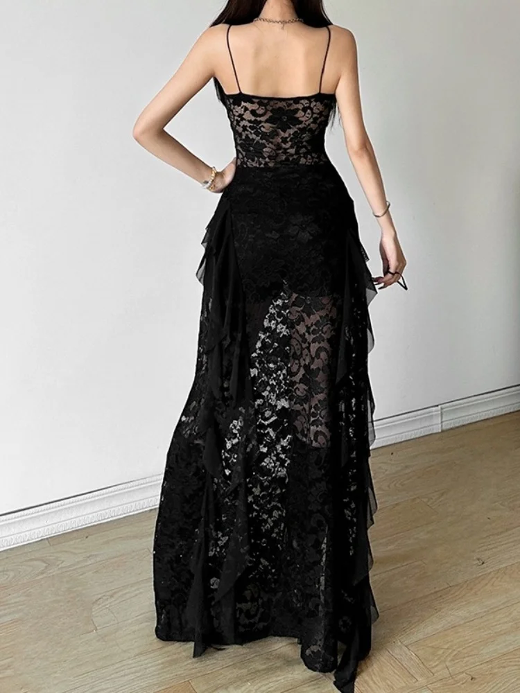 Solid Black Lace Long Dresses For Women Summer Clothing Y2k V-neck Vestidos De Mujer Spaghetti Strap One Piece Robe Femme Été
