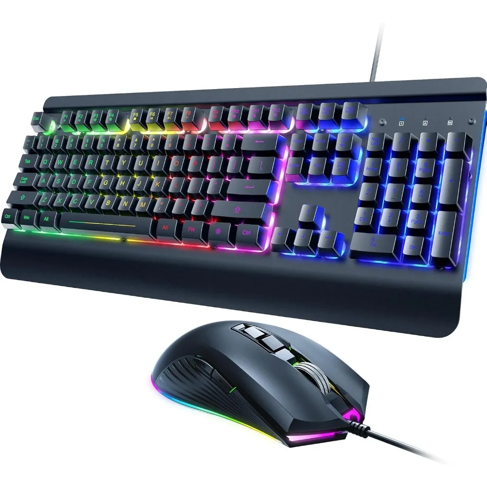 Gaming Keyboard and Mouse Combo, 104 Keys Metal Panel with Multimedia Keys, Wrist Rest, and LED Backlit Mouse for PC Gamers