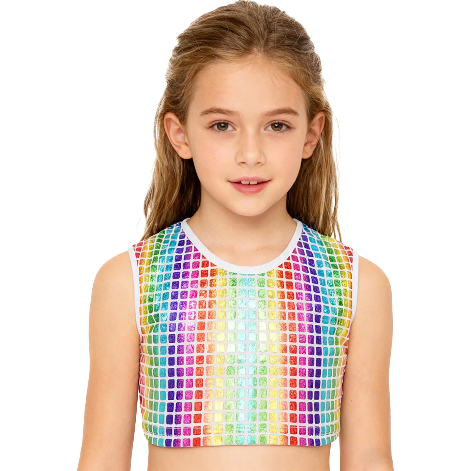 Girls Boys Cheerleading Dance Top Jazz Hip-Hop Dance Stage Performance Costume Metallic Plaid Crop Top Sleeveless Vest Dancewear