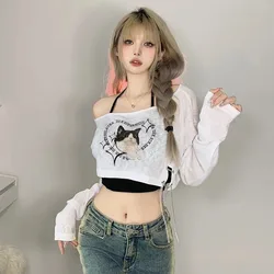 Fashion Clothing Women's 2023 Summer Long Sleeve T-shirt Loose Sweet Hot Girl Cartoon Cat Print Tops Female Kawaii Cute Tees