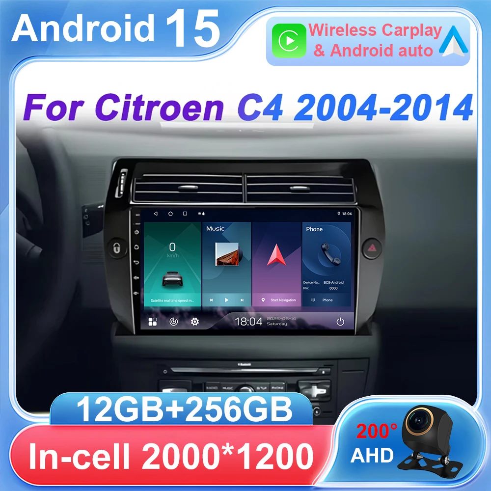 2din For Citroen C4 2004 - 2014 Wireless Android 15 Carplay Auto Screen Car Radio GPS Navigation Touch Screen 5G Wifi BT DVD DSP