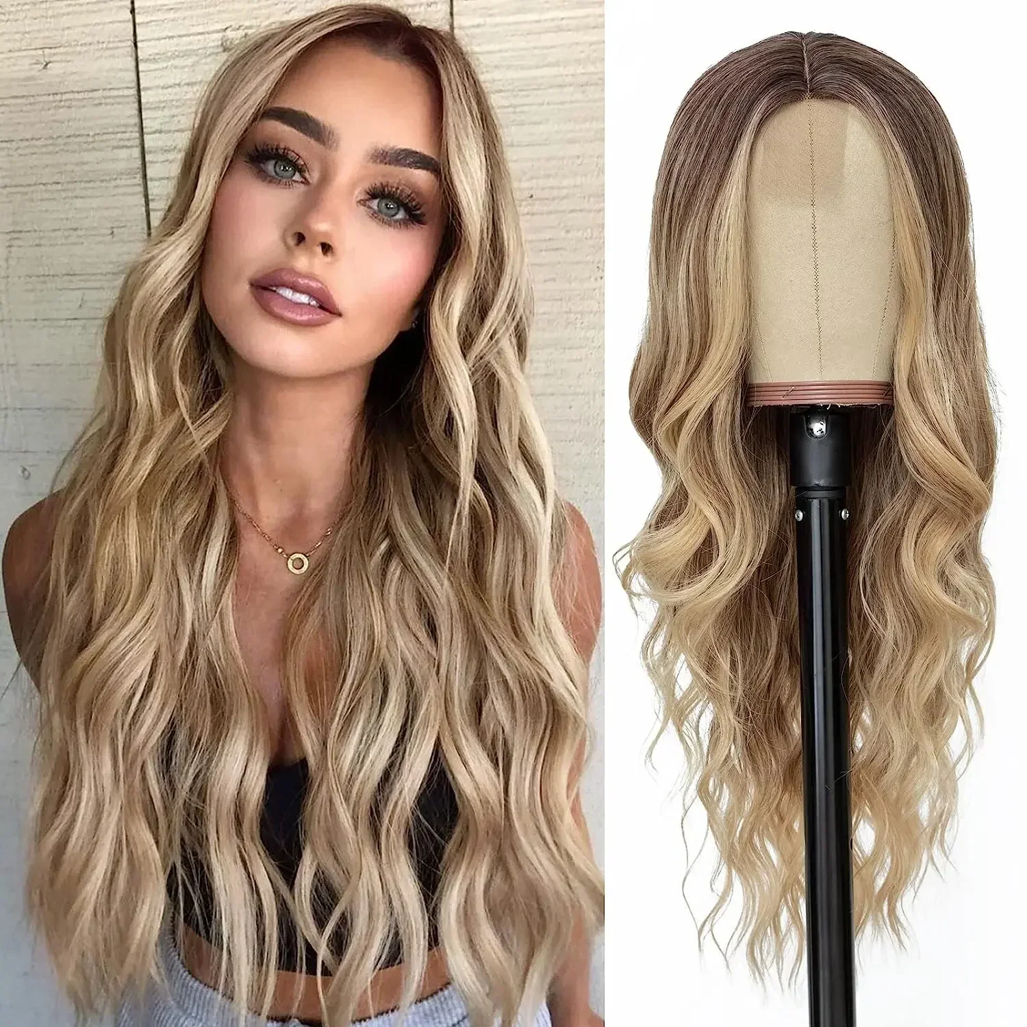 

Synthetic Long Lace Ombre Blonde Wavy Wig for Women 26 Inch Middle Part Curly Natural Looking Heat Resistant Fiber for Daily