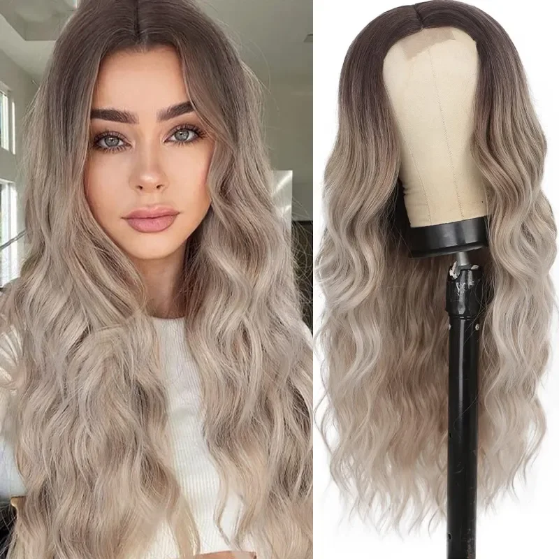 26 "Nieuwe Sexy Lange Krullende Nix Blonde Middendeel Ombre Haren Kleine Kant Menselijk Haar Synthetische Pruik