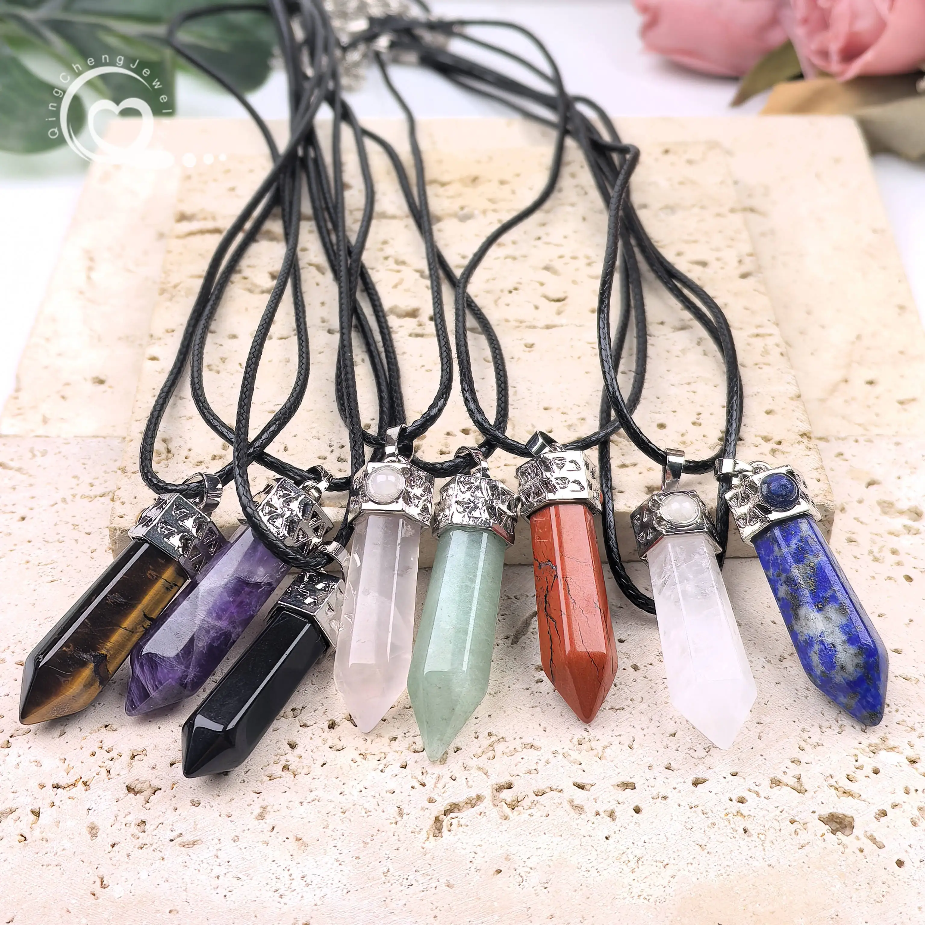 

10x40mm Natural Crystal Stone Hexagonal Point Pendants Chains Healing Rose Quartz Bullet Pendulum Necklace Women Jewelry,QC3439