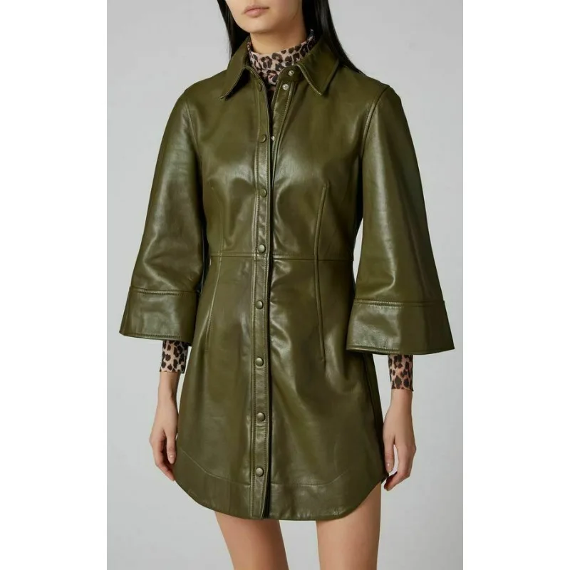 Women's Leather Shirt Dress Sexy 100% Soft Sheepskin Fashion Dress European and American Fashion Trend