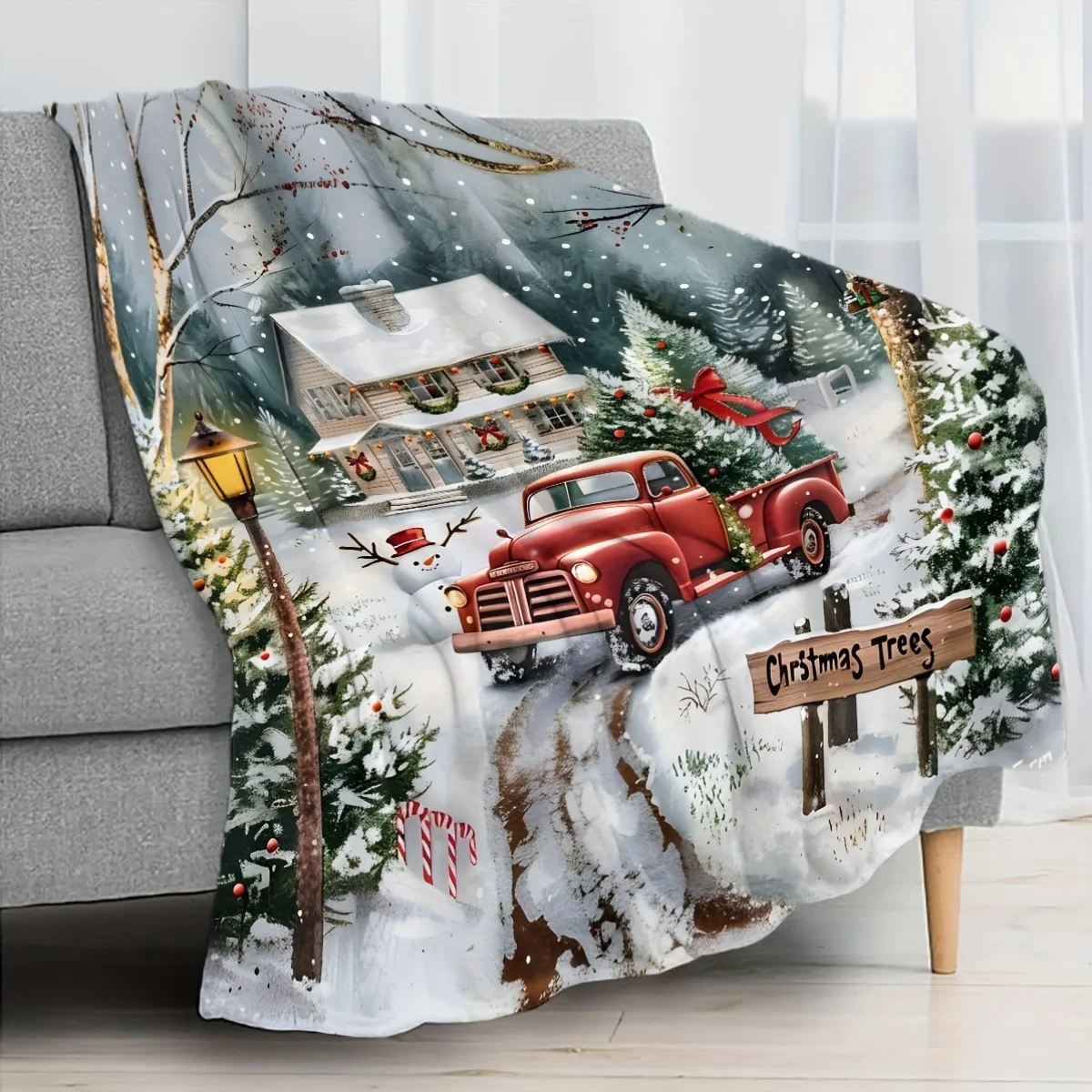 Vintage Red Pickup Christmas Flannel Blanket,Soft Warm All Season Throw for Sofa Car,Machine Washable Holiday Gift,Festive Decor