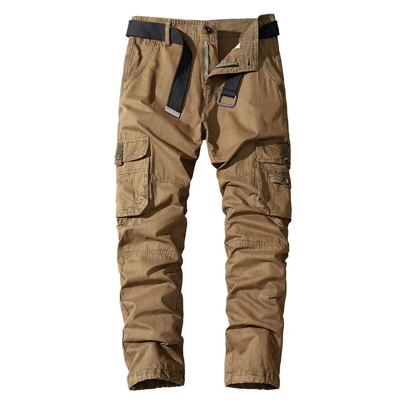 New casual pants men\'s cotton loose straight leg multi-pocket cargo pants men\'s multi-pocket trousers