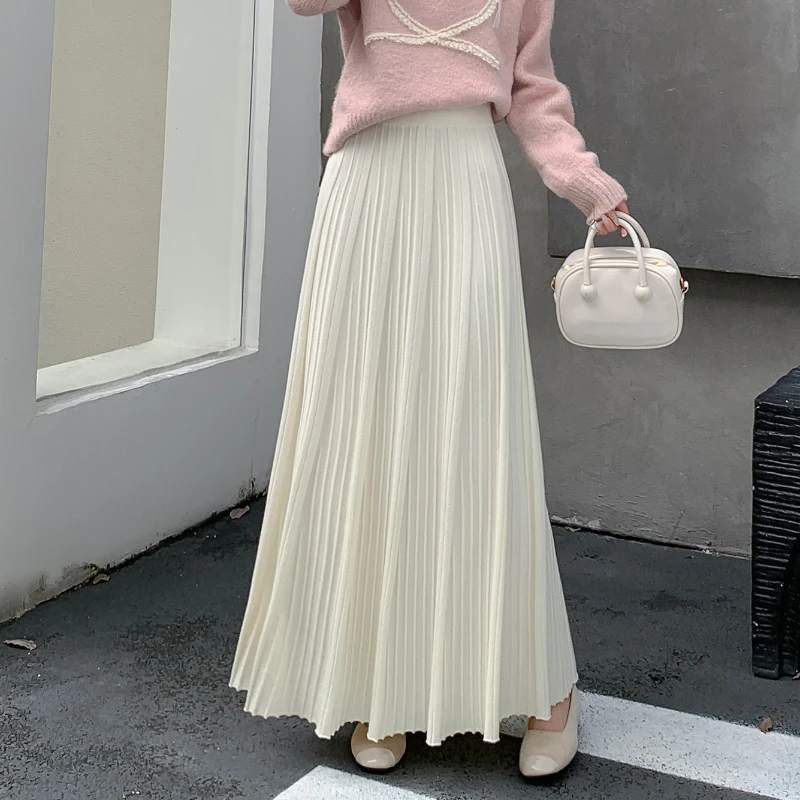 

Seoulish Autumn Winter High Waist Pleated Women's Knitted Long Umbrella Skirts 2025 New Office Casual Loose A-line Skirts Female