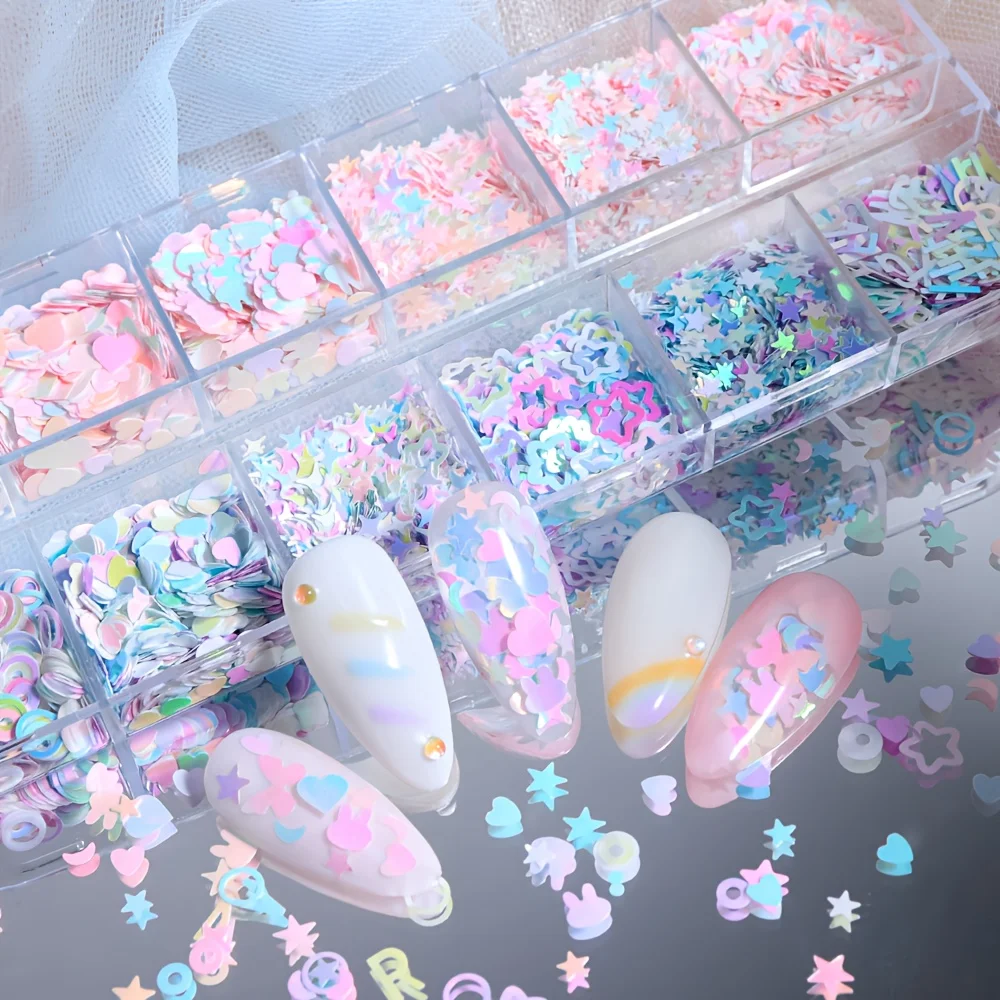 12Slot Fantasy Color Nail Art Sequins Set Mermaid Colors Heart & Star Glitter, DIY Valentine’s Charm Material, Manicure Accessor