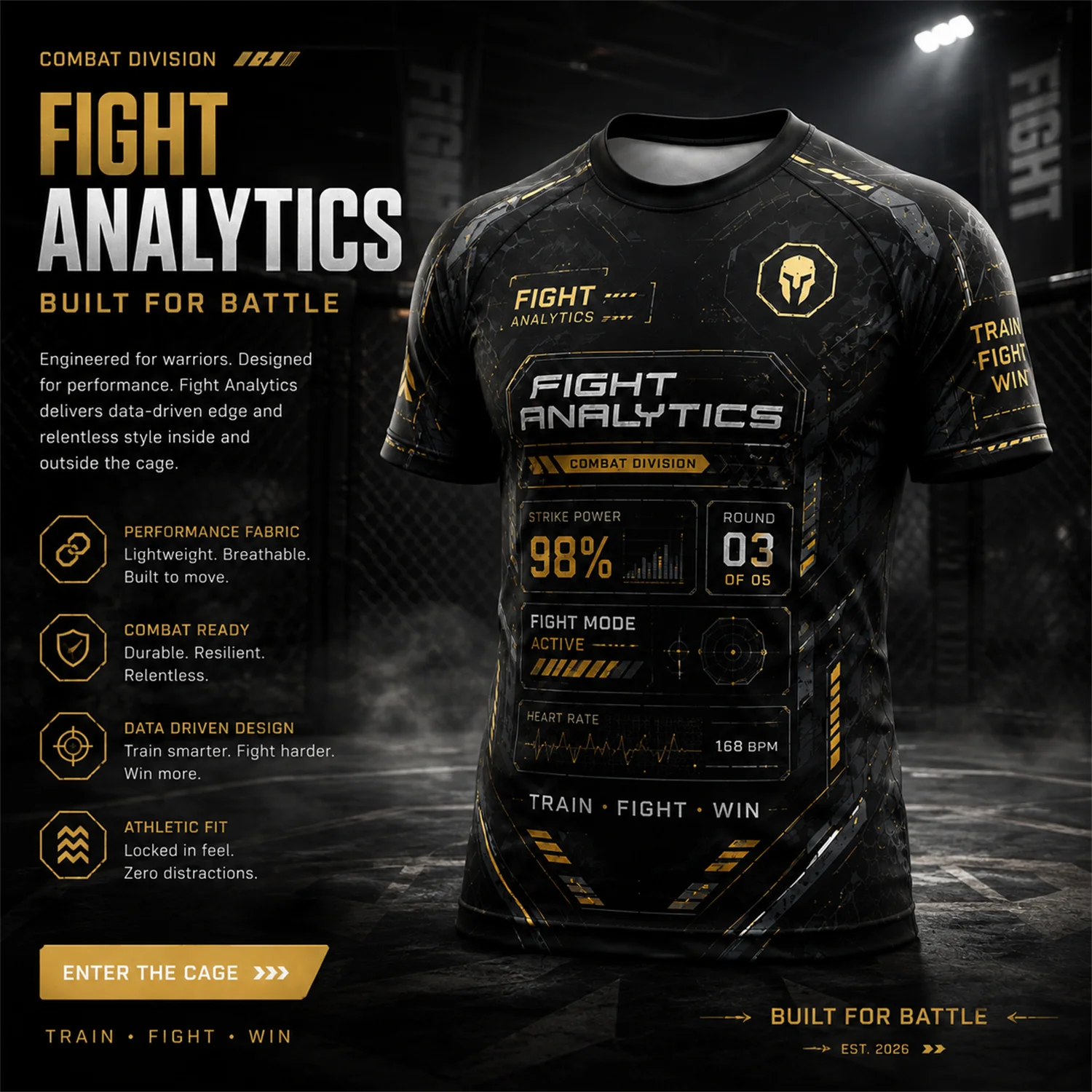 Mens Black Gold Combat Training T Shirt Performance Graphic Gym Fitness Workout Tee Athletic MMA Style Short Sleeve Streetwear