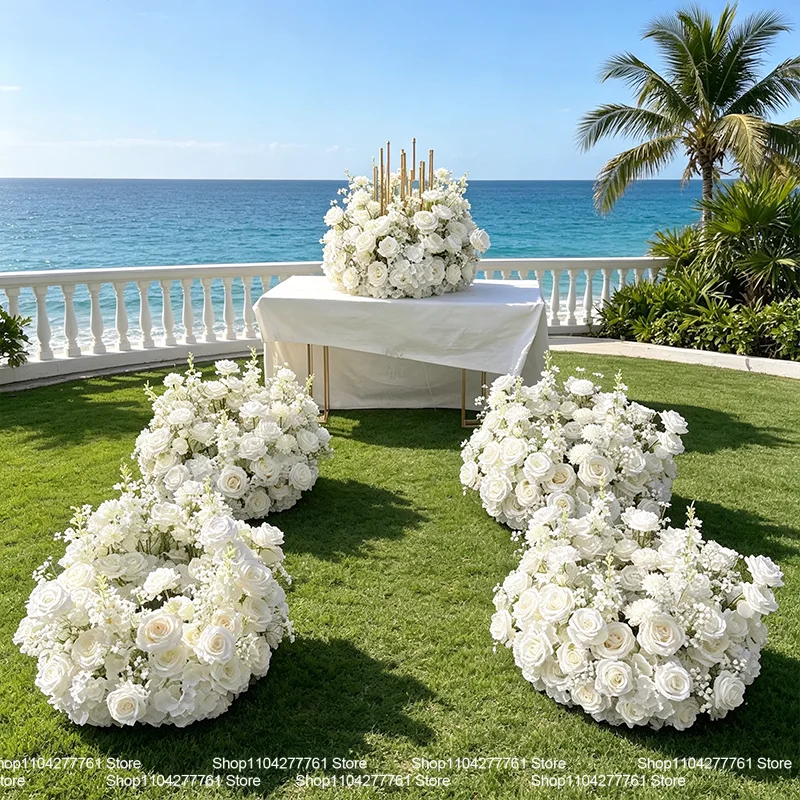 23-11.81IN Luxuriöser Kranz aus künstlichen weißen Babyblümchenrosen für Hochzeitstische, Blumenschmuck, Deko, Straßenarrangement, Party-Requisite – Detail 2