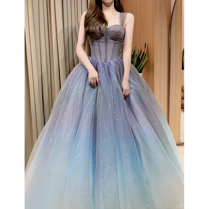 

Синее вечернее платье Blue Starry Dr Luxury для торжественных мероприятий, банкетов, элегантное, с бретельками, женское, маленького размера, корейский стиль, длинное.