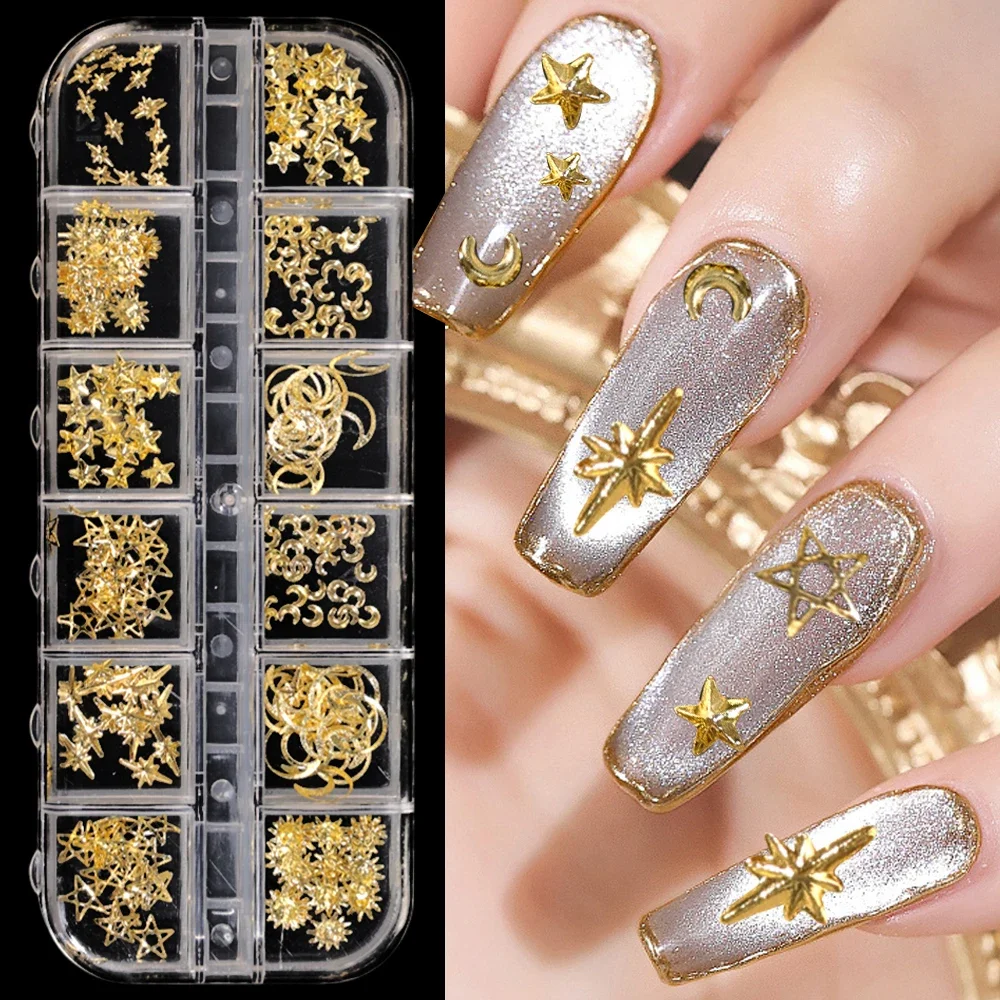 Gold Star Moon Nail Charms 12Grids Metal Slice Rivet Nail Rhinestones DIY 3D Flatback Nail Art Decorations Manicure Accessories