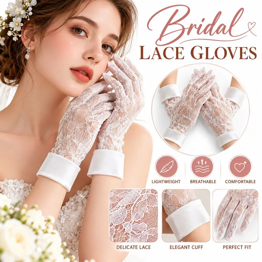 Floral Lace Bridal Lace Gloves Elastic Fabric Satin Cuff Floral Embroidery Aesthetic Gloves Breathable See Through