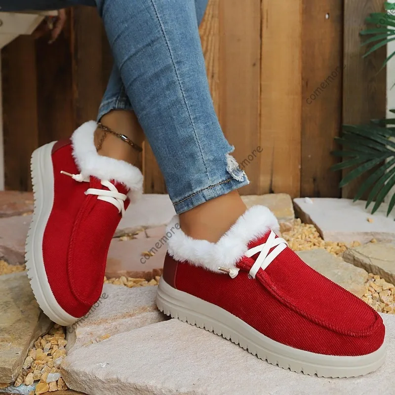 Winter Warm Fleece Lined Ankle Boots for Woman Lace Up Plush Lining Flat Booties Casual Comfortable Fluffy Botas Feminina Size43