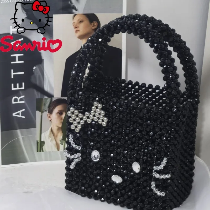   Tas Tangan Wanita Hello Kitty Baru dengan Hiasan Manik-manik, Tas Mini Wanita Tenun Tangan, Tren Mode, Tas Wanita untuk Pesta, Tas Wanita Berkepribadian